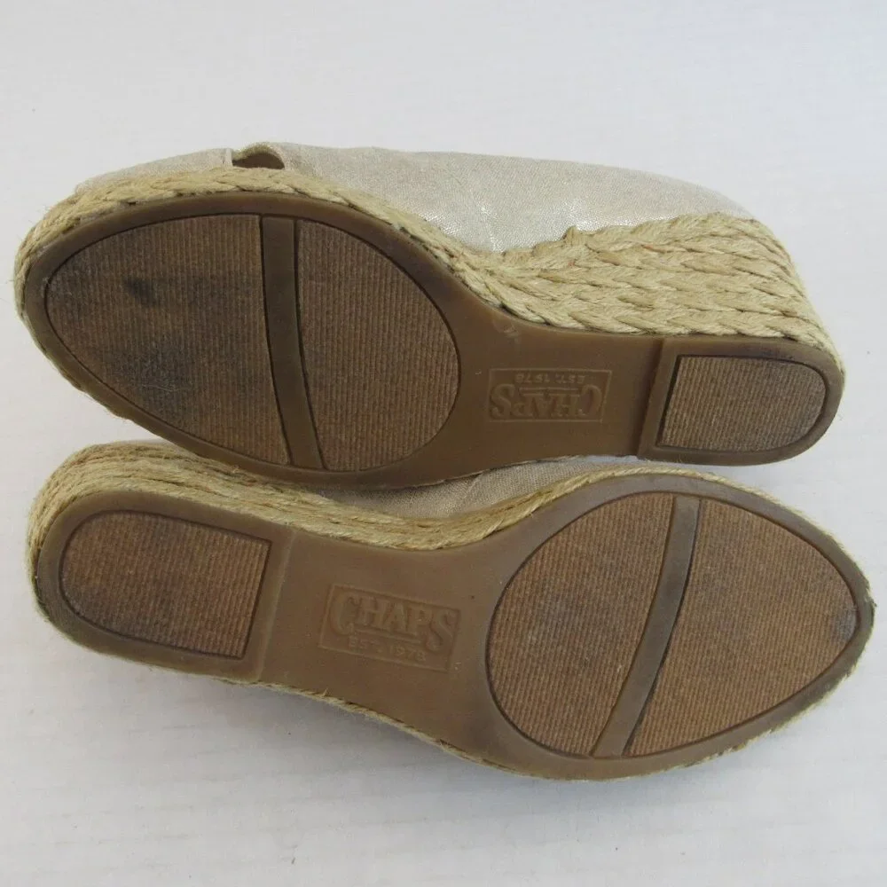 Chaps Metallic Gold Peep Toe Slip On Wedge Espadrilles Dakoda Sandals Size 6B